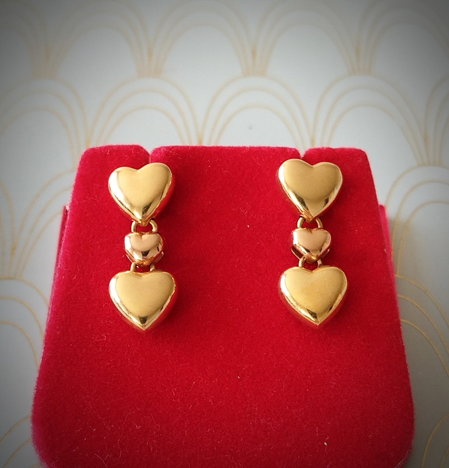 18ct Gold French Heart Shaped Dangle Drop Earrings, Gold Dormeuse Earrings, Vintage Jewelry Box, Antique 18ct Gold Jewellery, Romantic Gift for Her