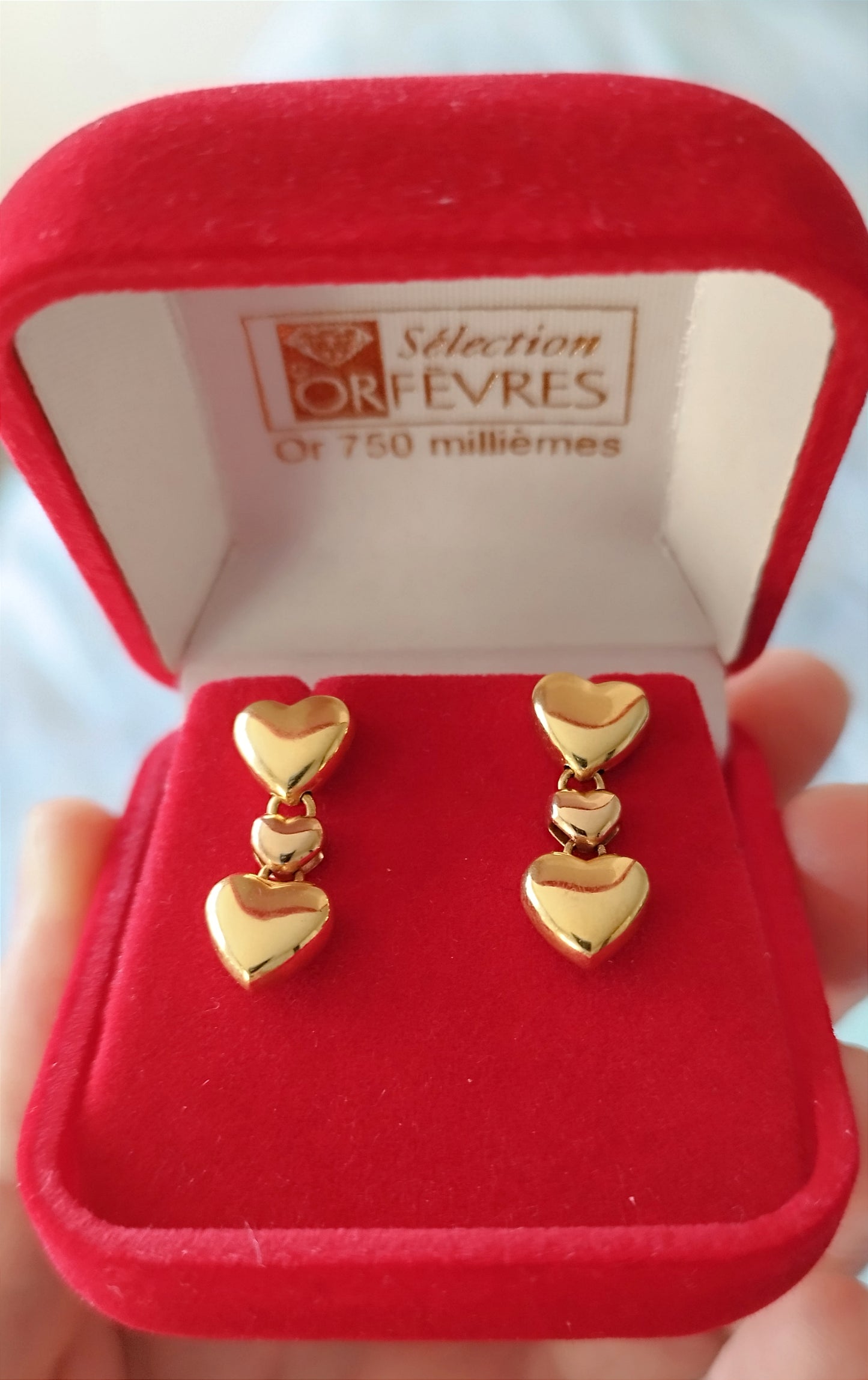 18ct Gold French Heart Shaped Dangle Drop Earrings, Gold Dormeuse Earrings, Vintage Jewelry Box, Antique 18ct Gold Jewellery, Romantic Gift for Her
