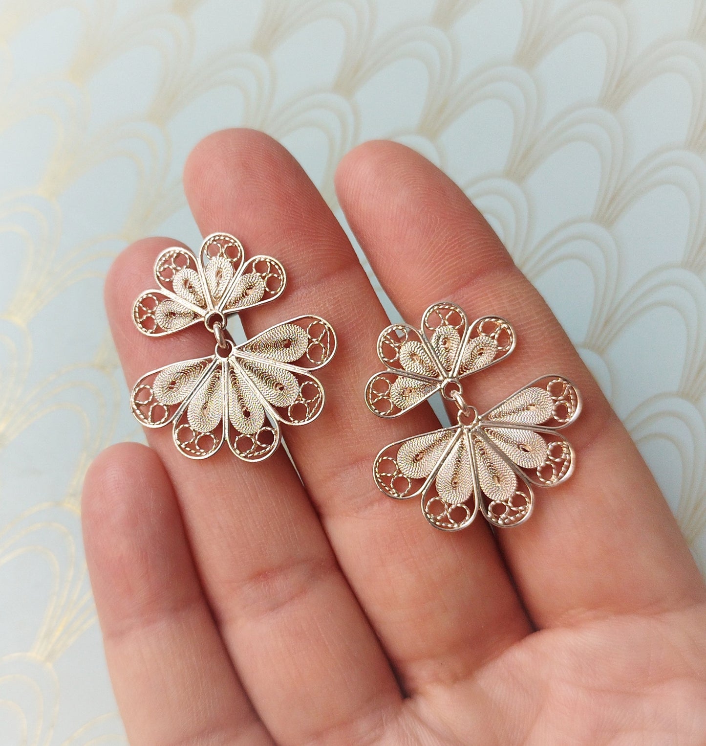 Luxury Vintage French Silver Filigree Earrings, Butterfly Dangle Drop Earrings, Rare French Jewelry, Handmade Floral Earrings, Gift for Her