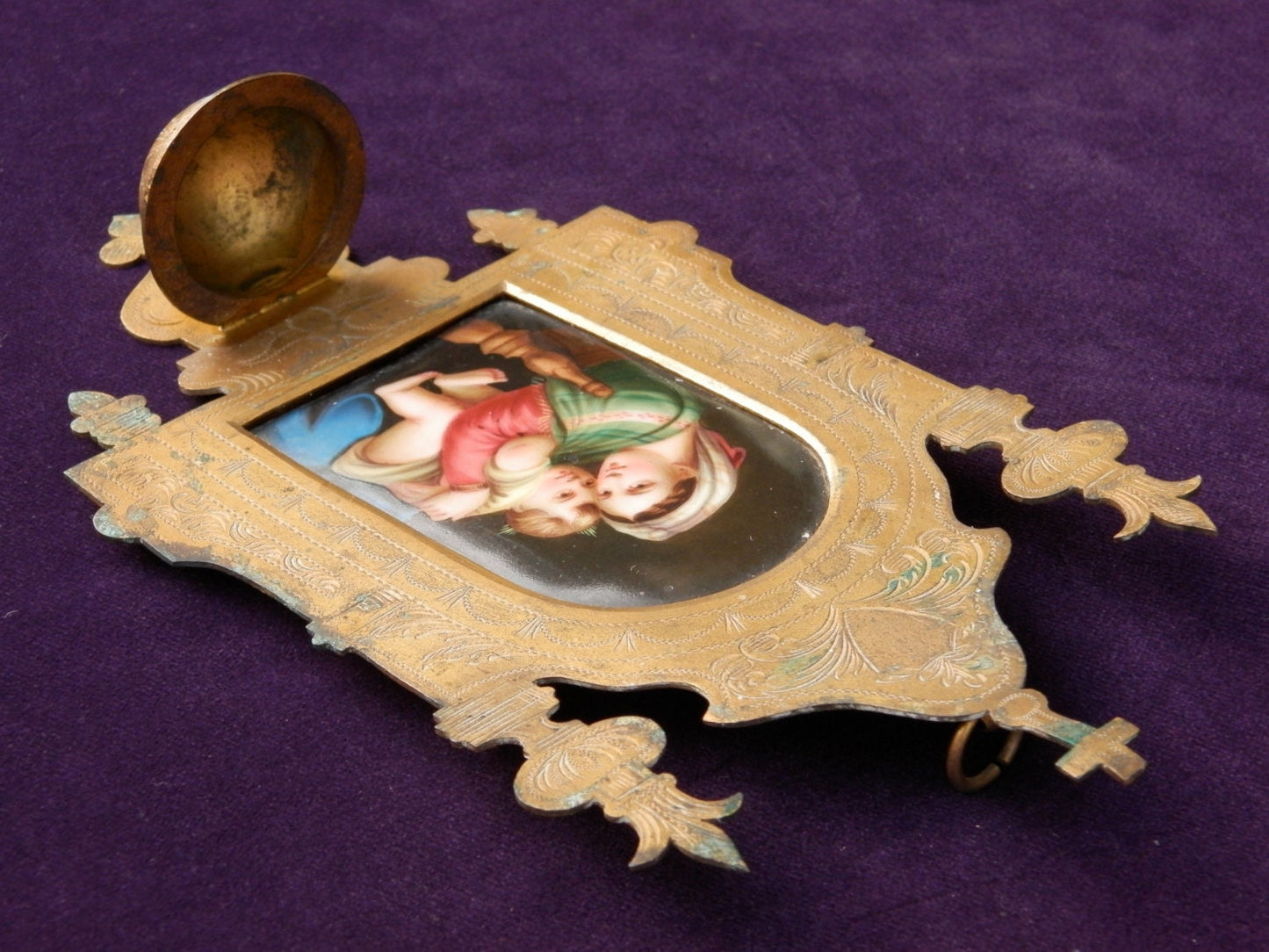 Luxury French Religious Benetier. Hand Painted Miniature Porcelaine Devotion, Mary and Jesus, Rare 1800's Religious Icon. Holy Water Font...