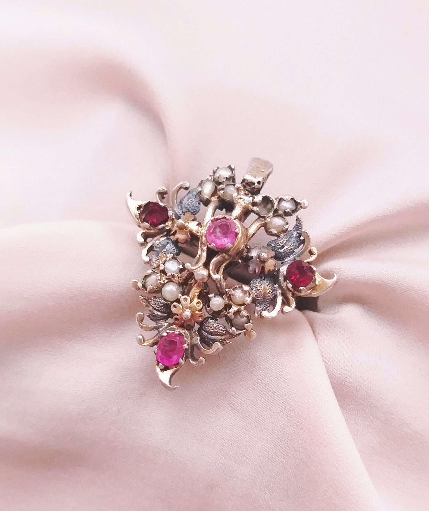 Rare 1800's Antique French Harlequin Ring, Bijoux Regional Jewellery, Luxury Georgian Statement Ring, 9ct Gold Ruby Baroque Seed Pearl Ring