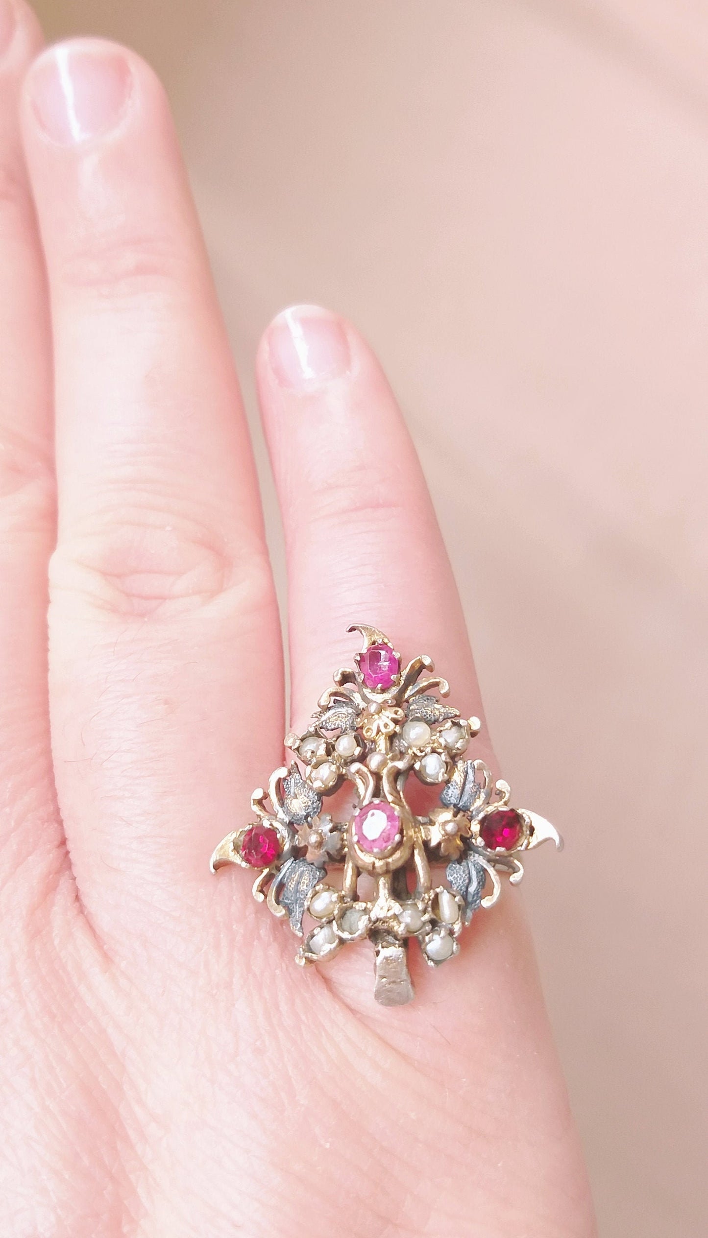 Rare 1800's Antique French Harlequin Ring, Bijoux Regional Jewellery, Luxury Georgian Statement Ring, 9ct Gold Ruby Baroque Seed Pearl Ring