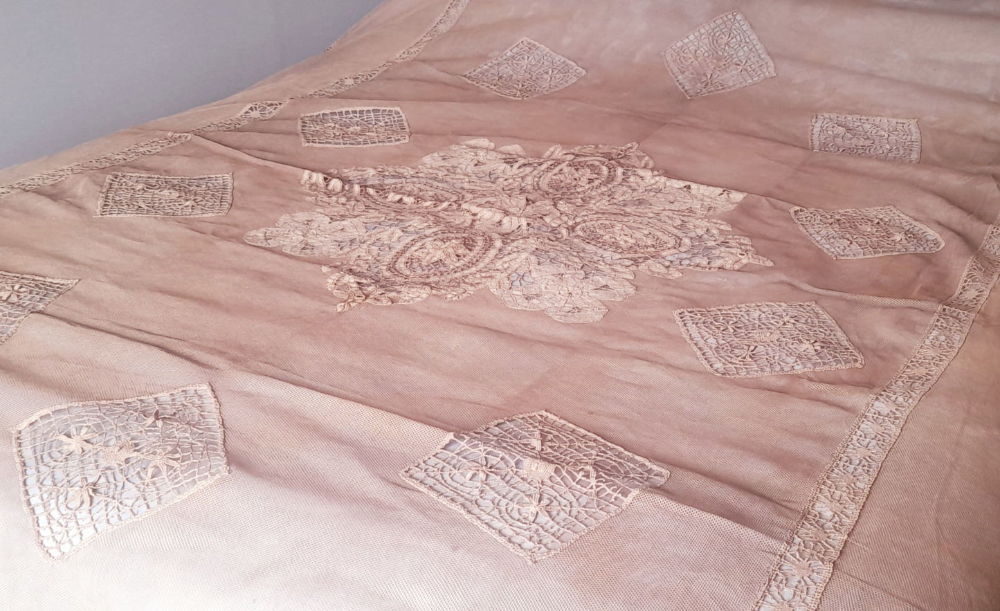 Rare Antique French Wedding Bedspread, Normandy Marriage Blanket, French Needlepoint, Wedding Gift, 1800's French Tulle, Antique Textiles...