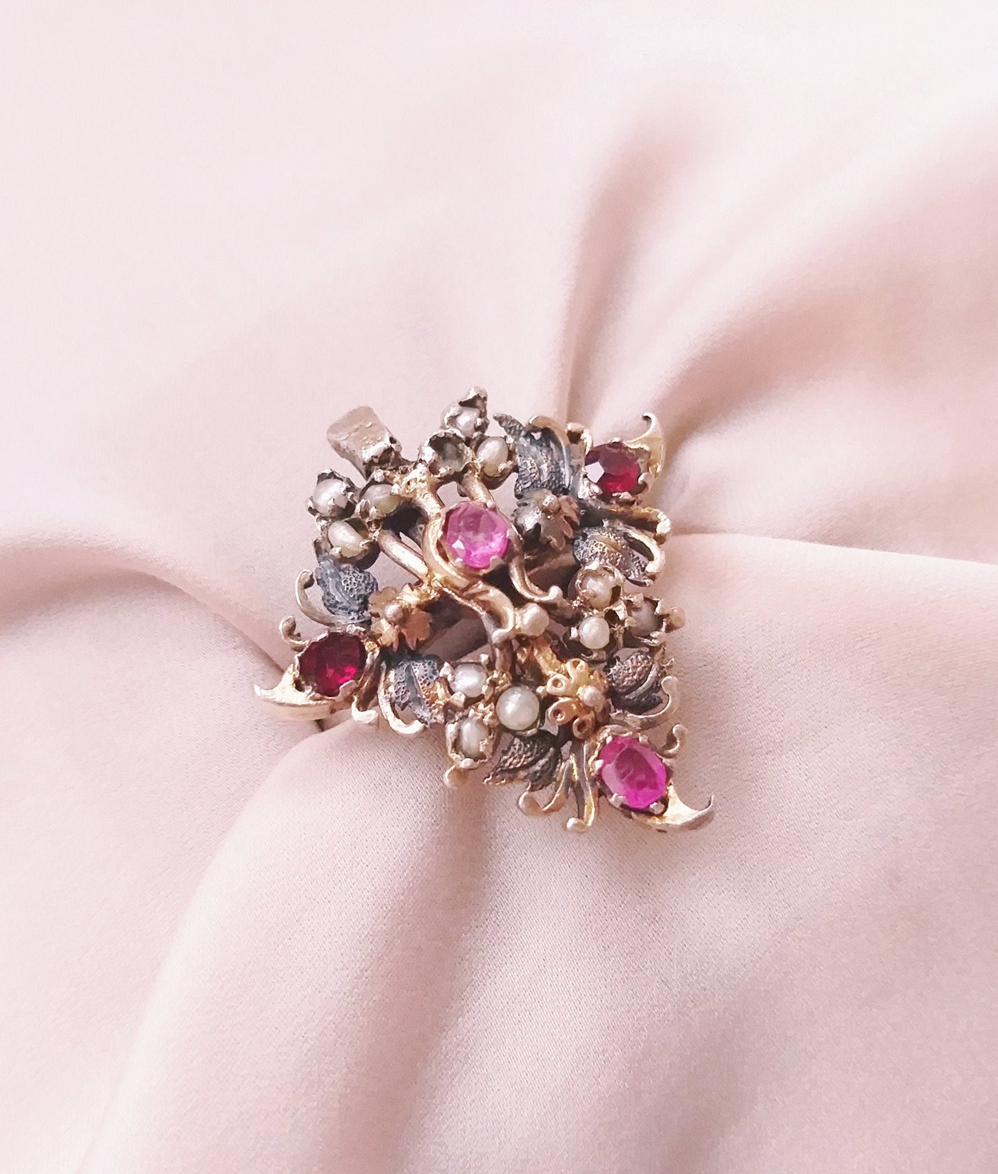 Rare 1800's Antique French Harlequin Ring, Bijoux Regional Jewellery, Luxury Georgian Statement Ring, 9ct Gold Ruby Baroque Seed Pearl Ring