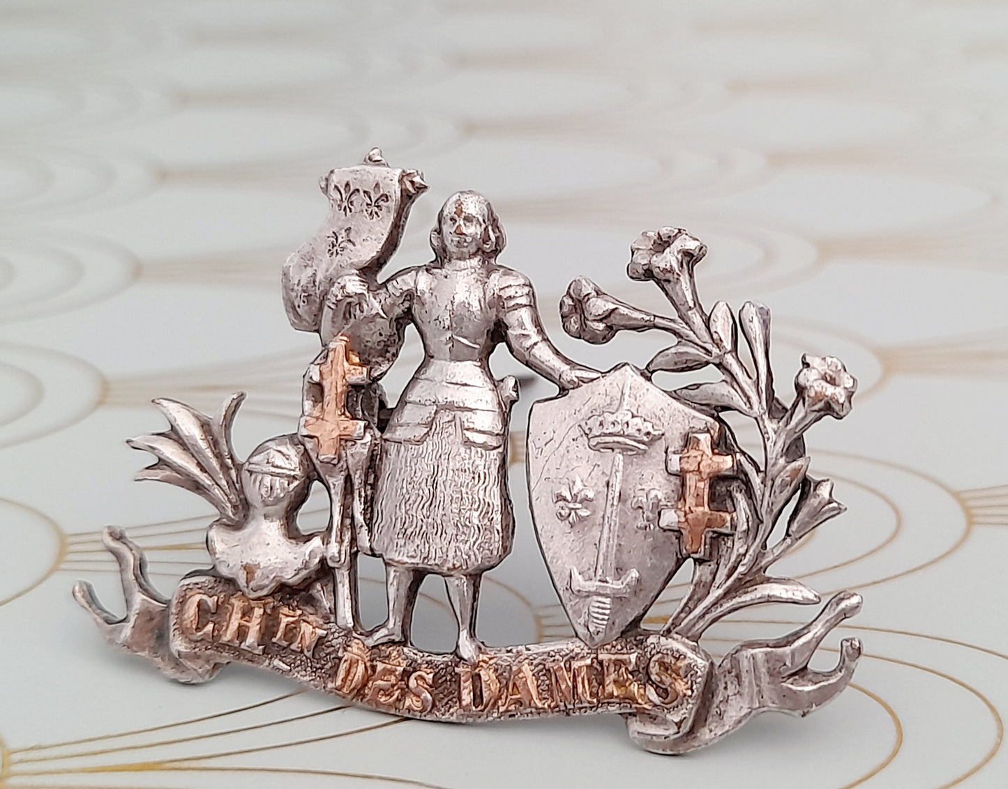 Rare Silver and Gold Joan of Arc Brooch, Vintage French Jewelry, Art Nouveau Jewelry, Fleur de Lys, Jeanne d'Arc, Holy Saint Religious Pin..
