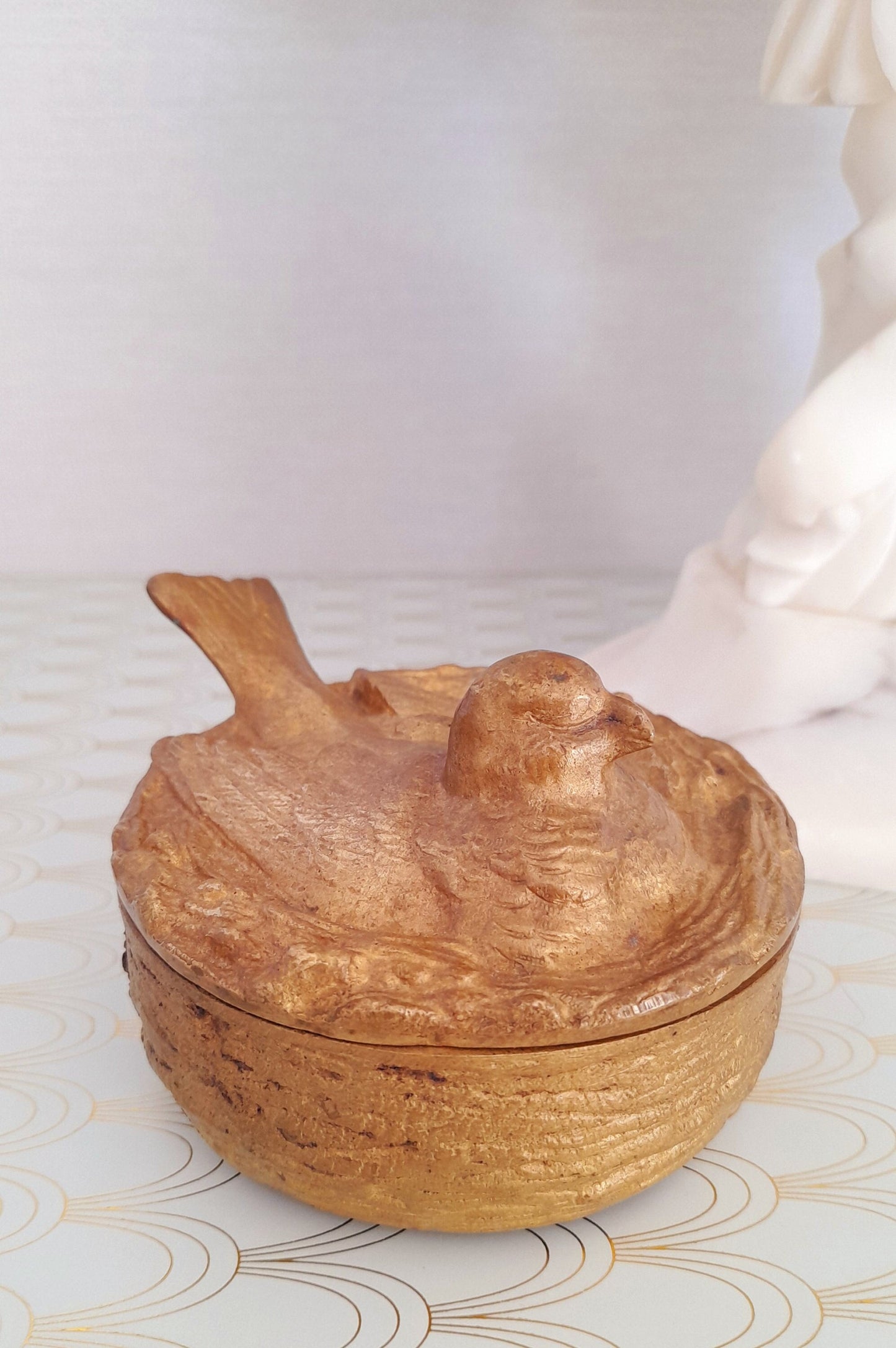 Art Nouveau Gilded Bronze Sculpture, Luxury Trinket Box, Antique French Jewelry Box, Romantic Dove, Art Nouveau Bird, Luxury Gift for Her.