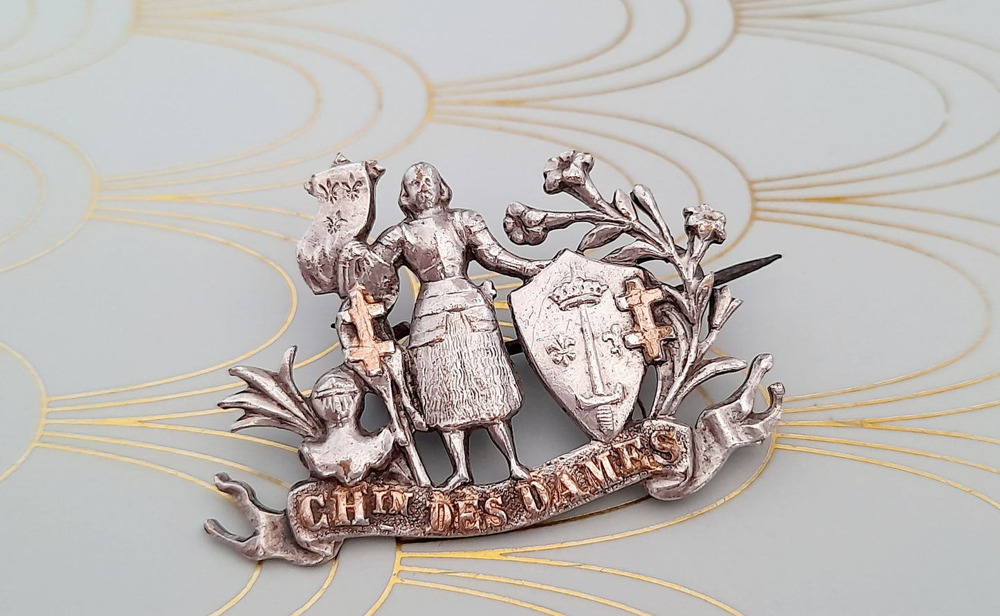 Rare Silver and Gold Joan of Arc Brooch, Vintage French Jewelry, Art Nouveau Jewelry, Fleur de Lys, Jeanne d'Arc, Holy Saint Religious Pin..