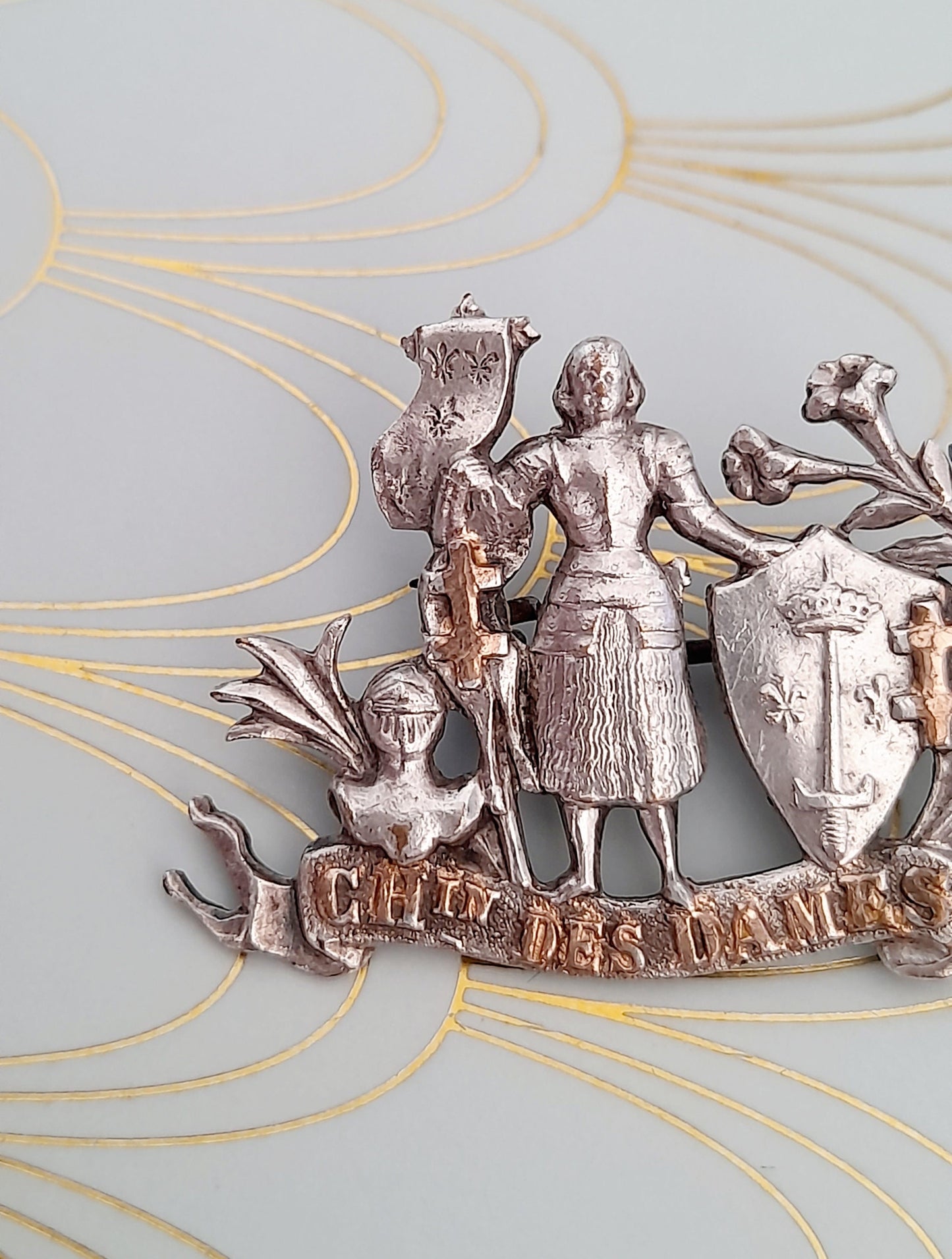 Rare Silver and Gold Joan of Arc Brooch, Vintage French Jewelry, Art Nouveau Jewelry, Fleur de Lys, Jeanne d'Arc, Holy Saint Religious Pin..