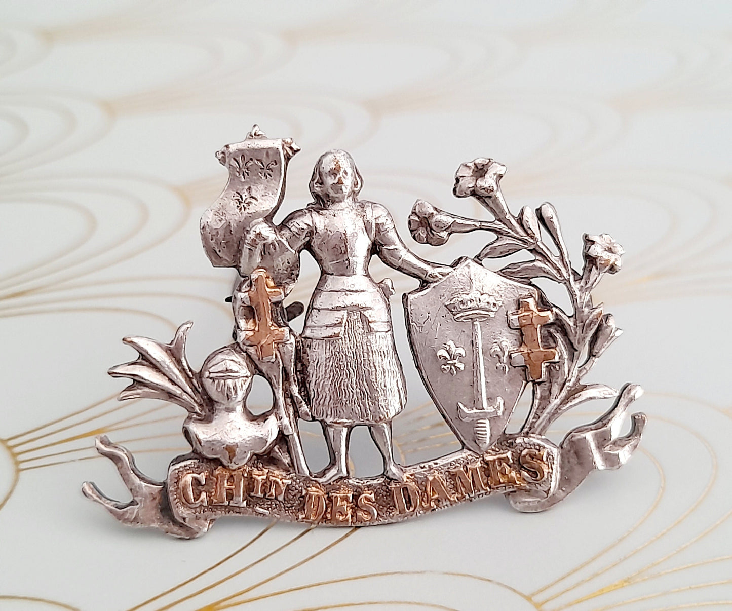 Rare Silver and Gold Joan of Arc Brooch, Vintage French Jewelry, Art Nouveau Jewelry, Fleur de Lys, Jeanne d'Arc, Holy Saint Religious Pin..