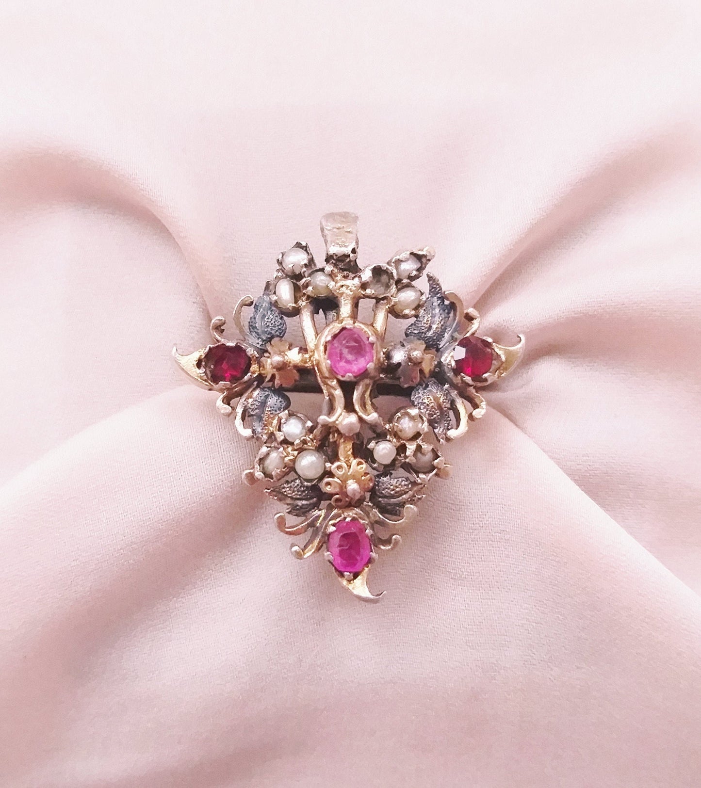Rare 1800's Antique French Harlequin Ring, Bijoux Regional Jewellery, Luxury Georgian Statement Ring, 9ct Gold Ruby Baroque Seed Pearl Ring