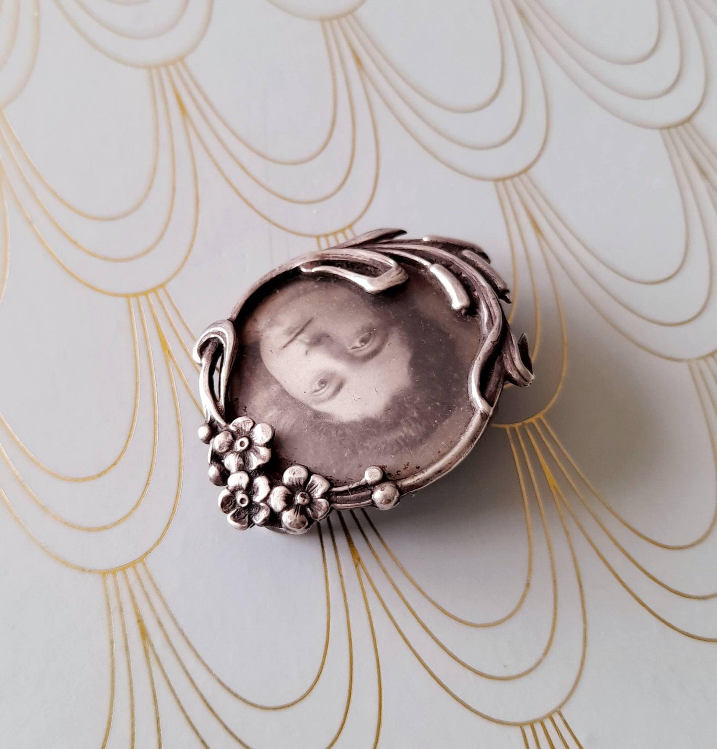 French Art Nouveau Silver Brooch, Antique Silver Pin, Arts and Crafts, Art Nouveau Jewelry, Miniature Art Nouveau Photo Frame, Gift for Her.