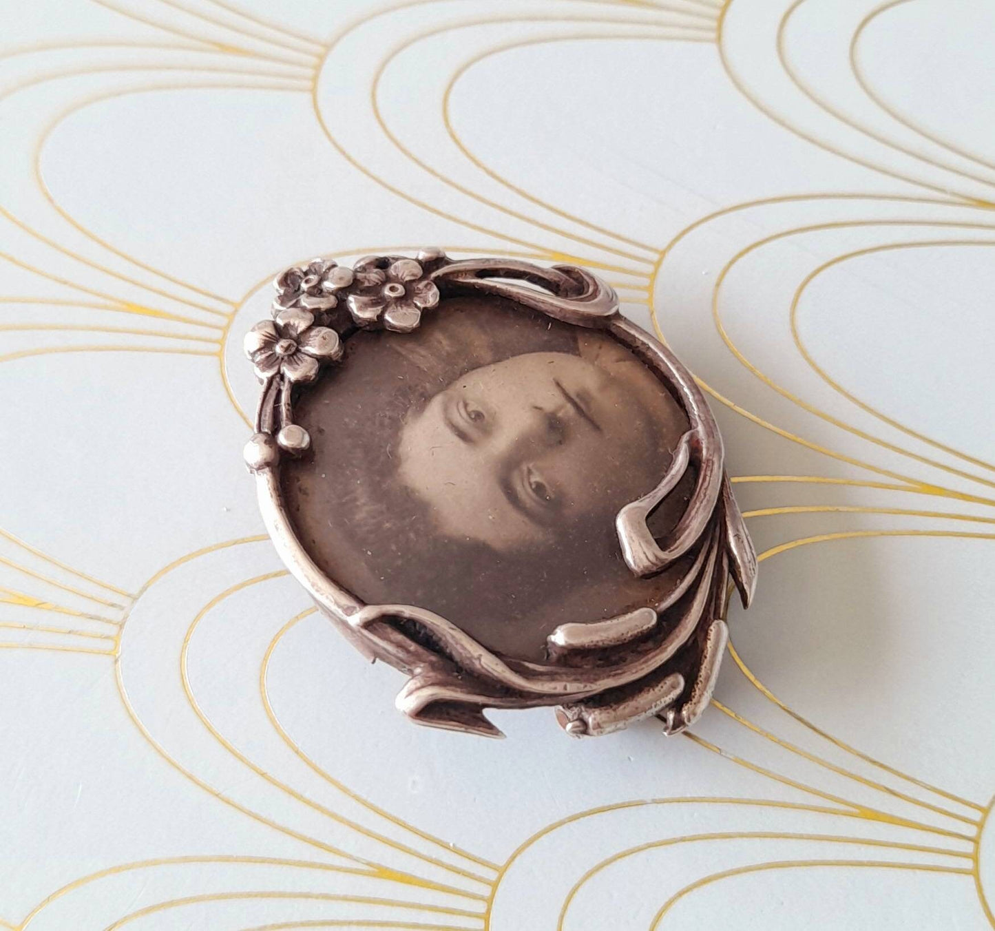 French Art Nouveau Silver Brooch, Antique Silver Pin, Arts and Crafts, Art Nouveau Jewelry, Miniature Art Nouveau Photo Frame, Gift for Her.