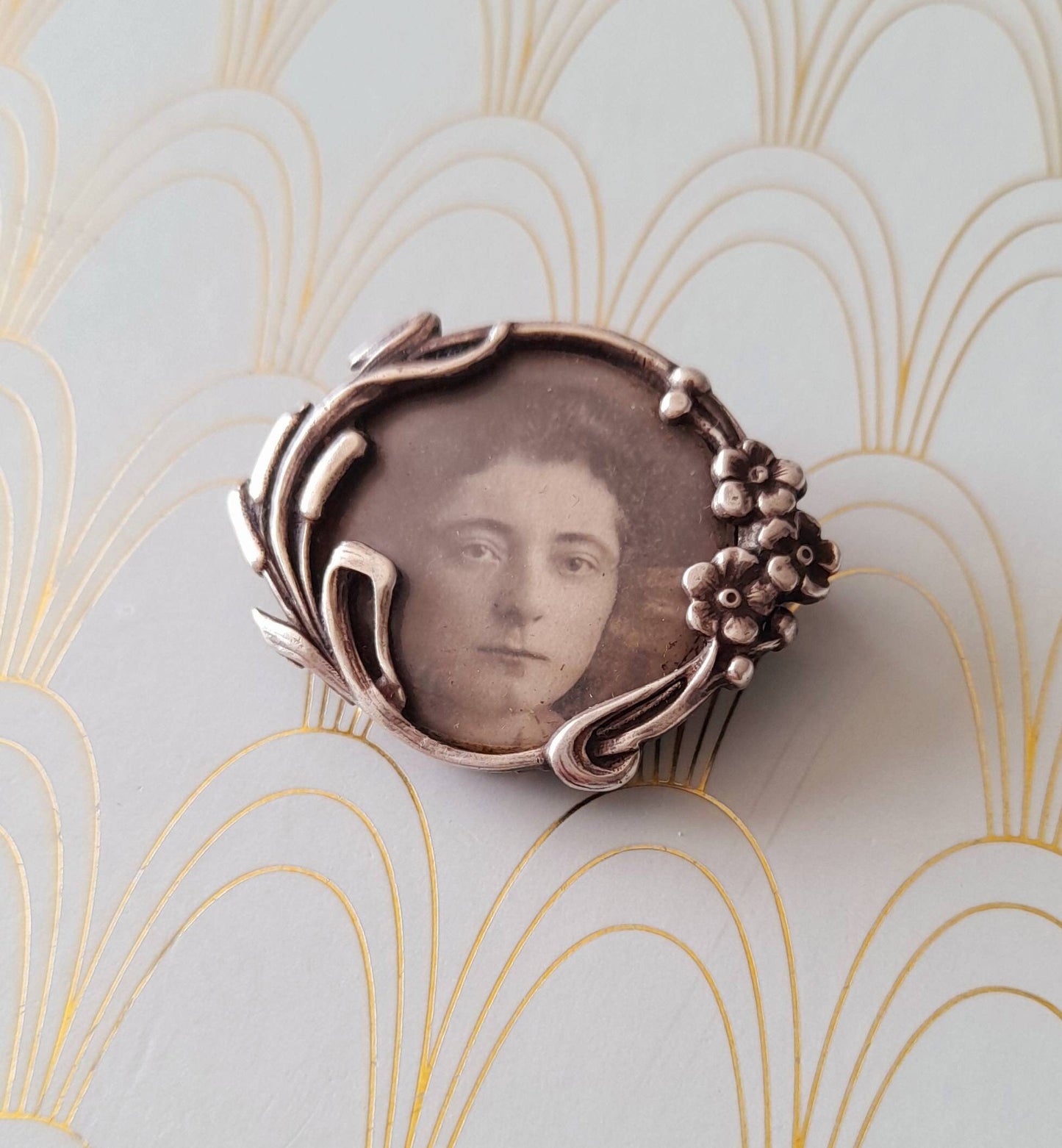 French Art Nouveau Silver Brooch, Antique Silver Pin, Arts and Crafts, Art Nouveau Jewelry, Miniature Art Nouveau Photo Frame, Gift for Her.