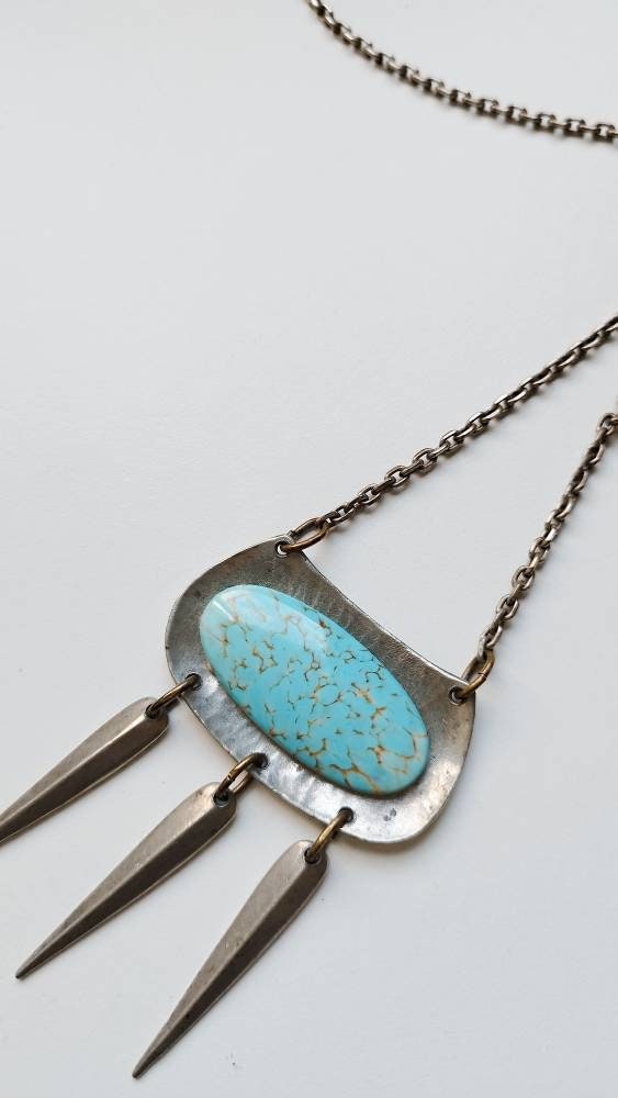 Original Art Deco Enamel Necklace, Antique Turquoise Pendant, Vintage French Art Deco Necklace, Silver Enamel Pendant, Vintage Jewelry Box..