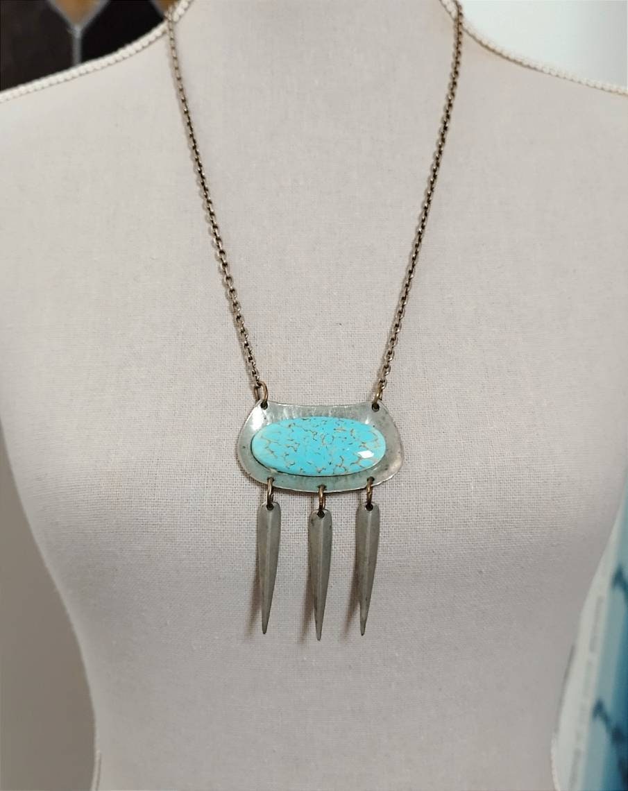 Original Art Deco Enamel Necklace, Antique Turquoise Pendant, Vintage French Art Deco Necklace, Silver Enamel Pendant, Vintage Jewelry Box..