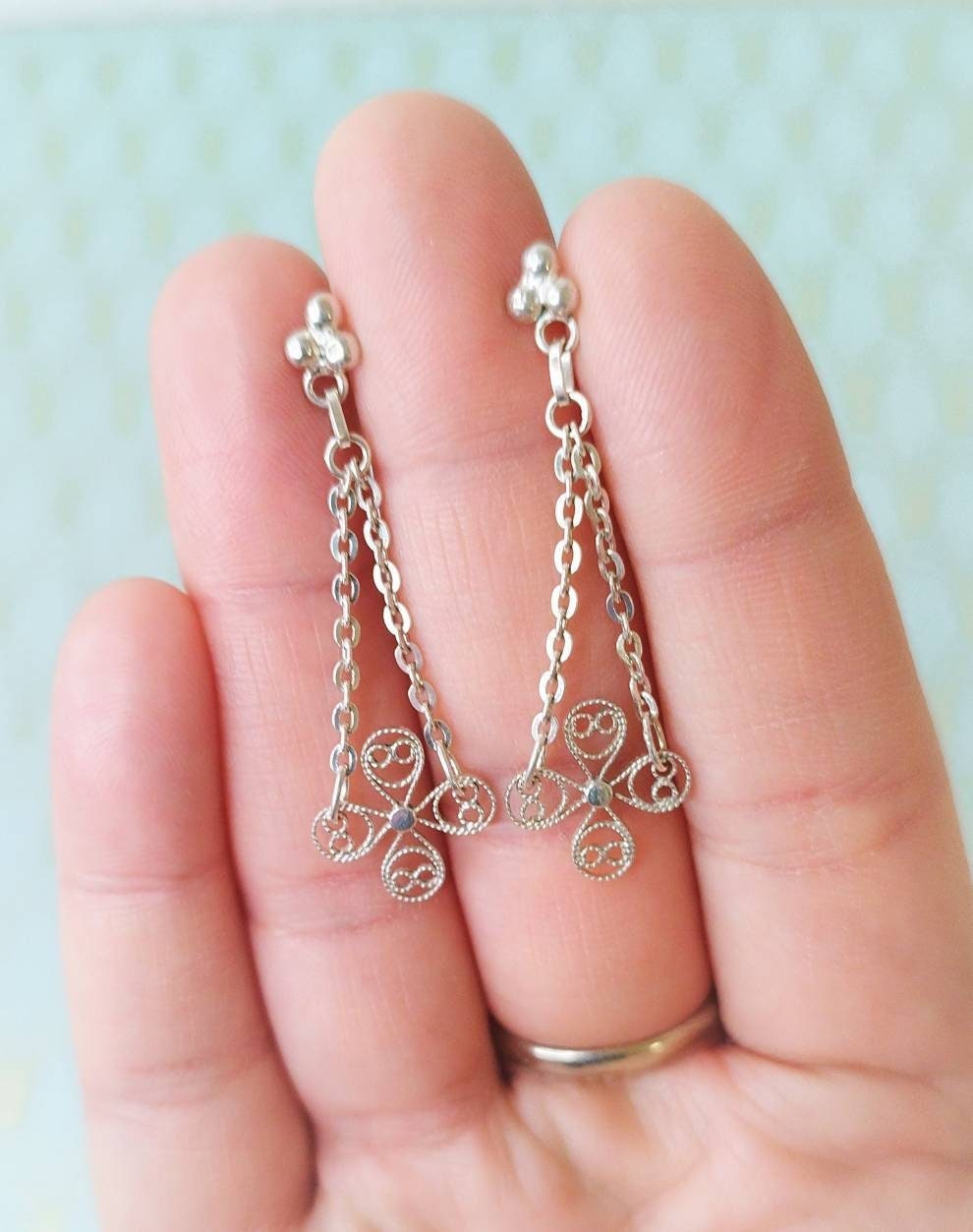 Antique French Silver Filigree Earrings, Dangle Drop Earrings, Vintage Jewelry Box, Rare French Jewelry Handmade Dormeuse Victorian Earrings