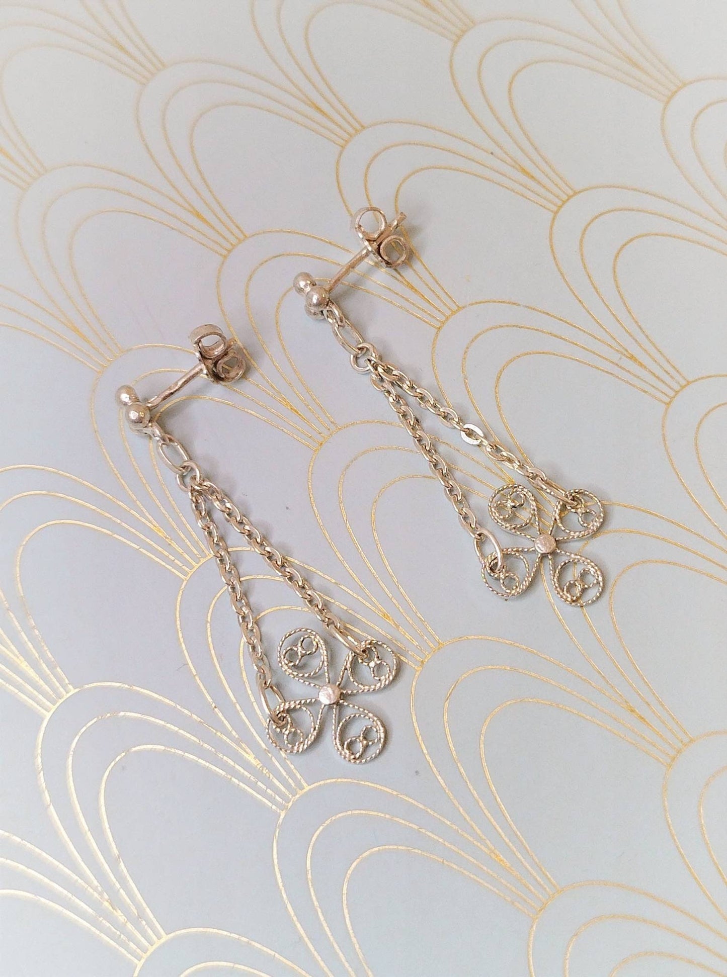 Antique French Silver Filigree Earrings, Dangle Drop Earrings, Vintage Jewelry Box, Rare French Jewelry Handmade Dormeuse Victorian Earrings