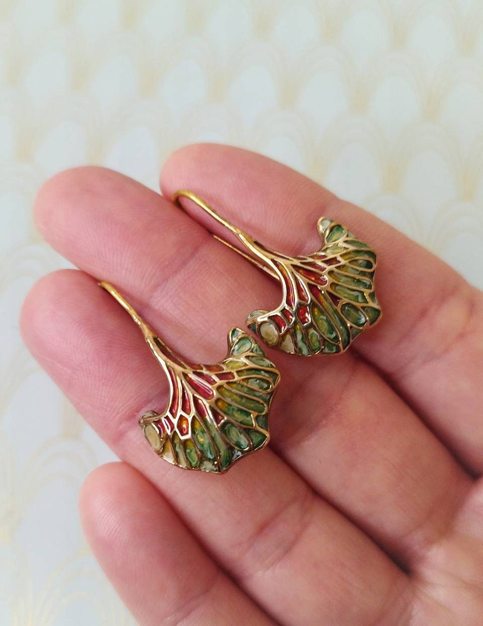 Rare French Art Nouveau Dangle Drop Earrings, Gold Earrings, Luxury French Art Nouveau Jewelry, Enamel Art Nouveau Earrings, Jugendstil ...