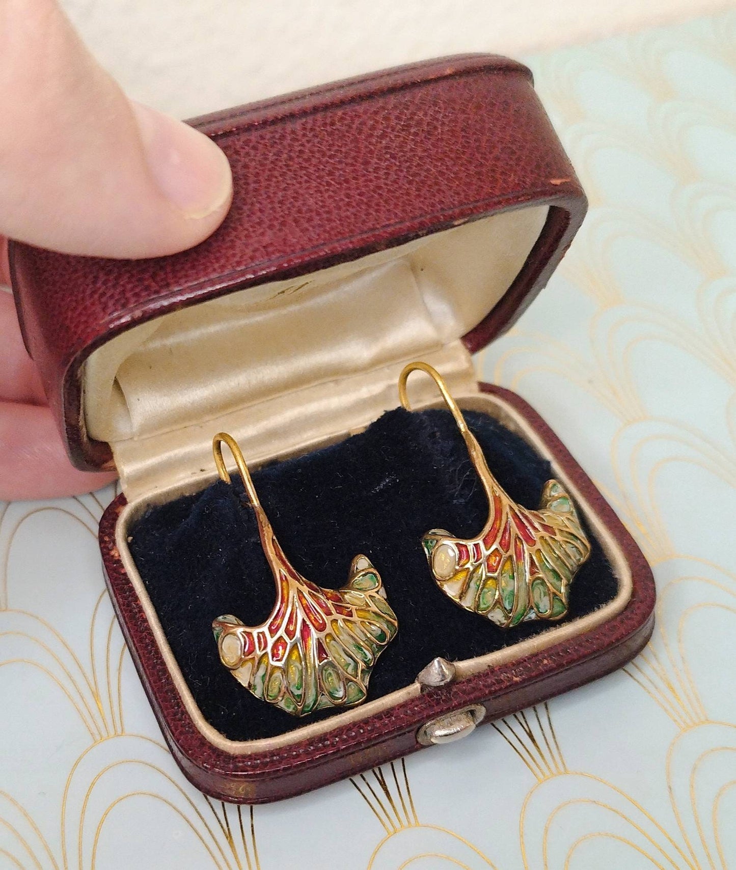 Rare French Art Nouveau Dangle Drop Earrings, Gold Earrings, Luxury French Art Nouveau Jewelry, Enamel Art Nouveau Earrings, Jugendstil ...