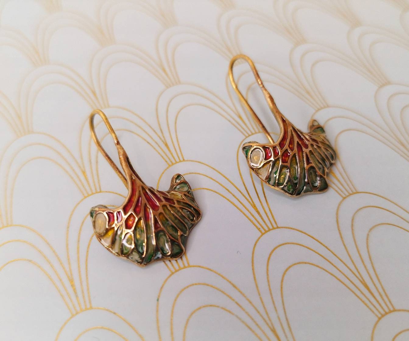 Rare French Art Nouveau Dangle Drop Earrings, Gold Earrings, Luxury French Art Nouveau Jewelry, Enamel Art Nouveau Earrings, Jugendstil ...