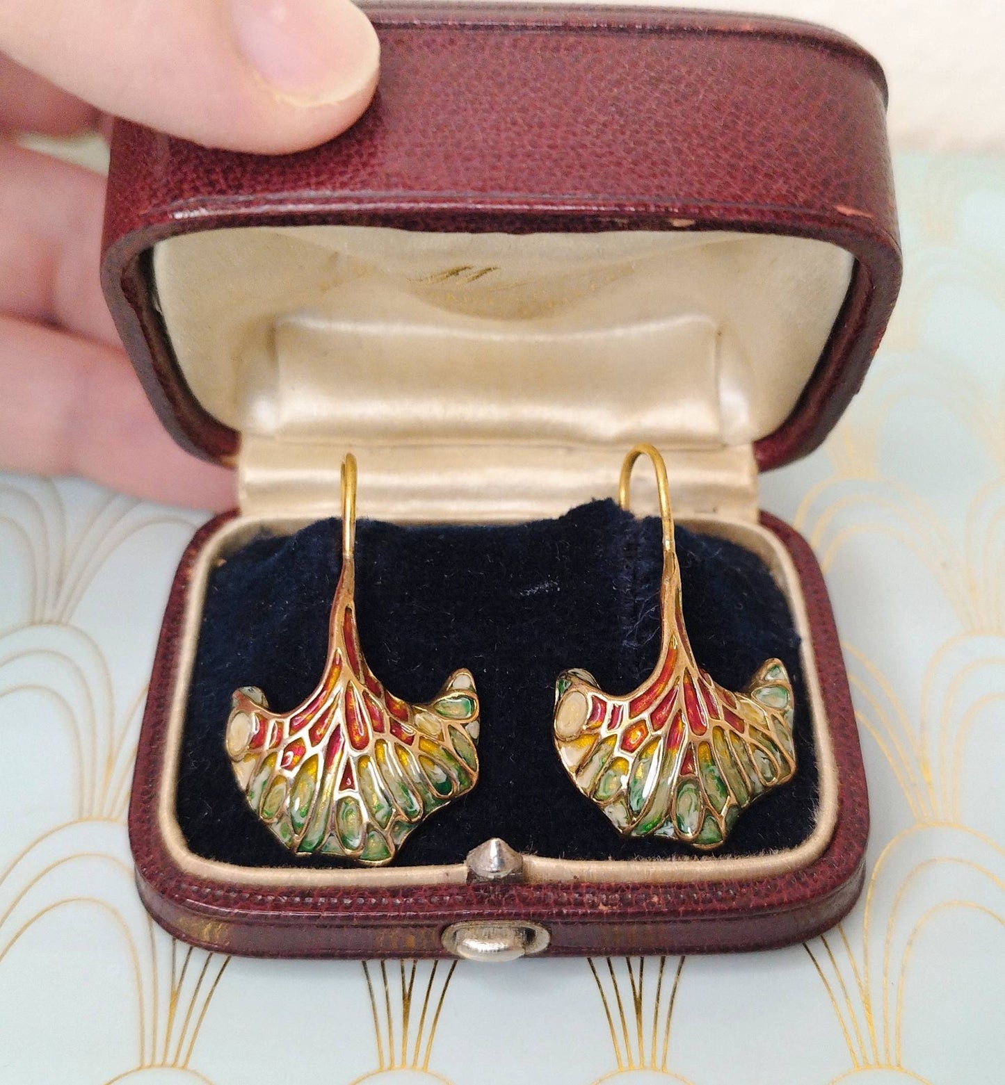 Rare French Art Nouveau Dangle Drop Earrings, Gold Earrings, Luxury French Art Nouveau Jewelry, Enamel Art Nouveau Earrings, Jugendstil ...