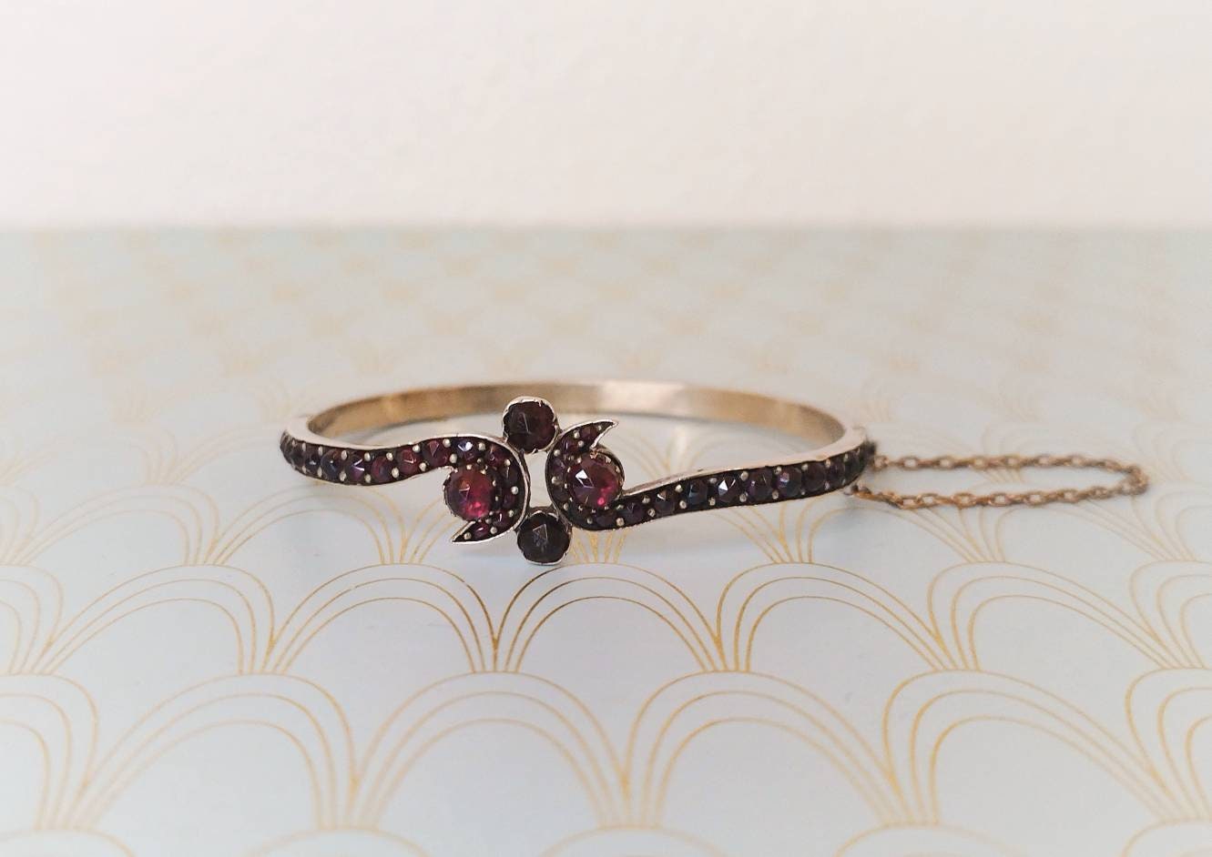 Antique French Perpignan Garnet Bangle Bracelet, Luxury Regional Jewelry, Vintage Catalonian Garnets, Gold Bangle, Vintage Perpignan Jewelry
