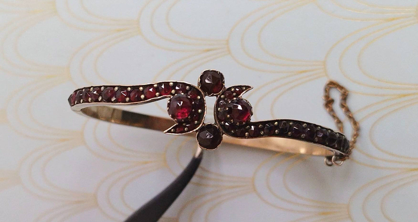 Antique French Perpignan Garnet Bangle Bracelet, Luxury Regional Jewelry, Vintage Catalonian Garnets, Gold Bangle, Vintage Perpignan Jewelry