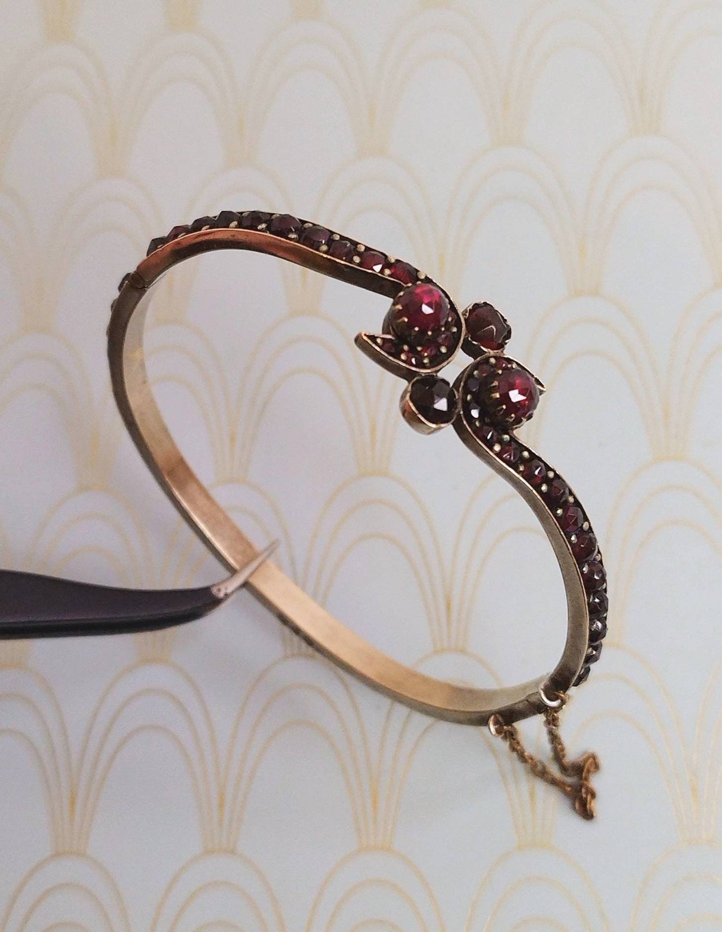 Antique French Perpignan Garnet Bangle Bracelet, Luxury Regional Jewelry, Vintage Catalonian Garnets, Gold Bangle, Vintage Perpignan Jewelry