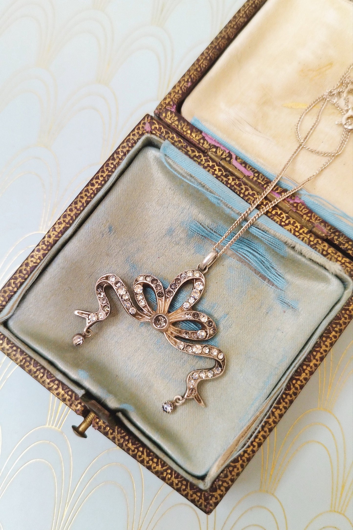 Antique French Art Nouveau Necklace with Vintage Jewelry Box, Diamond Negligee Pendant, 1800's Jewelry, Silver & Paste Art Nouveau Necklace