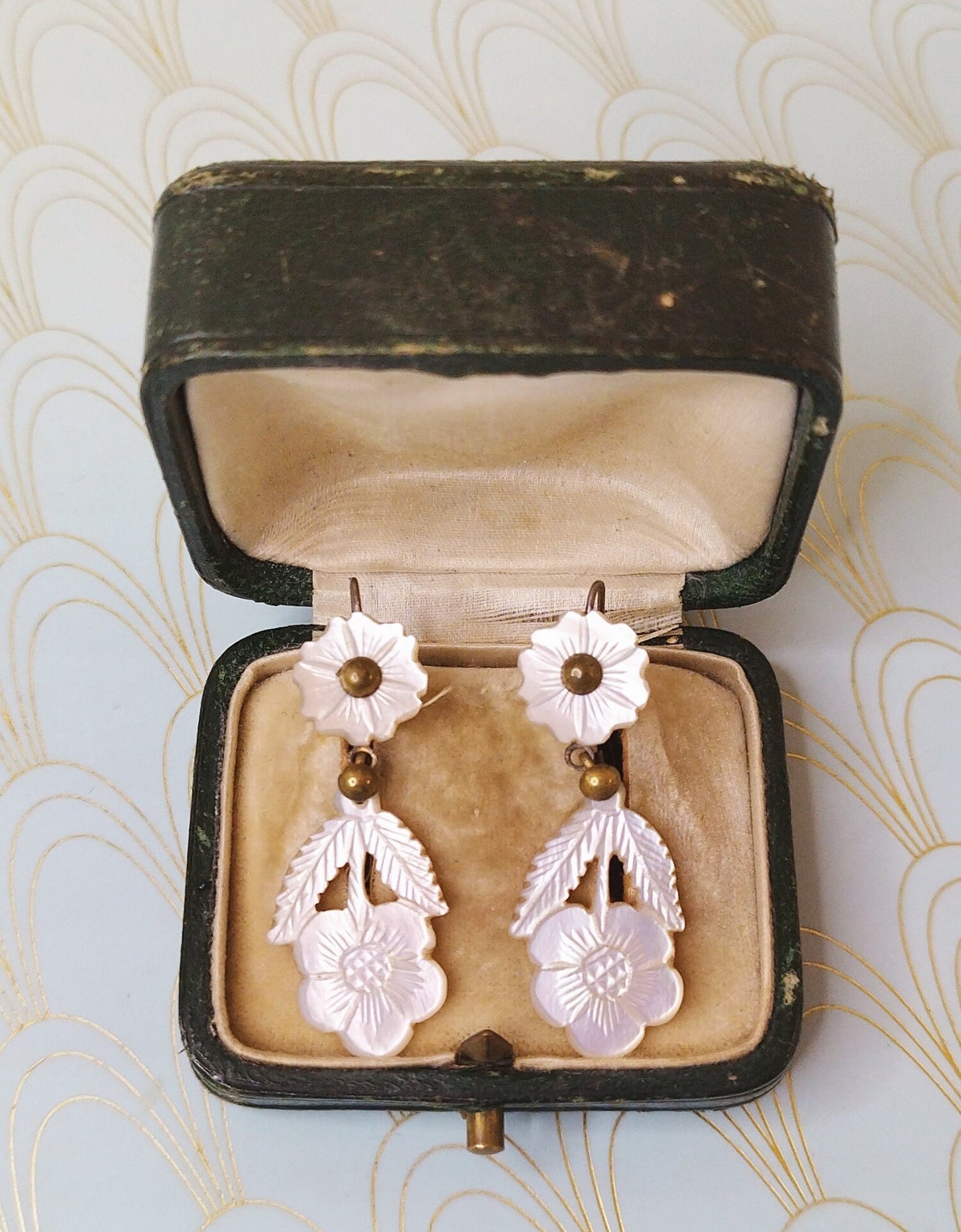 Rare Antique French Mother of Pearl Dangle Drop Earrings, Victorian Forget Me Not Flower Jewellery, Antique Jewelry Box, Dormeuse Earrings
