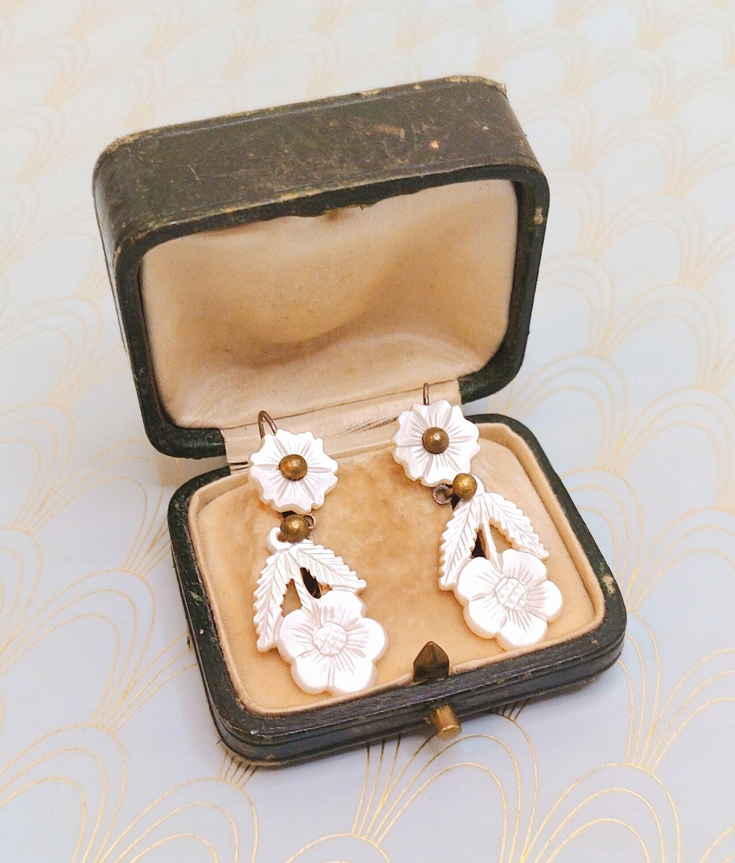 Rare Antique French Mother of Pearl Dangle Drop Earrings, Victorian Forget Me Not Flower Jewellery, Antique Jewelry Box, Dormeuse Earrings