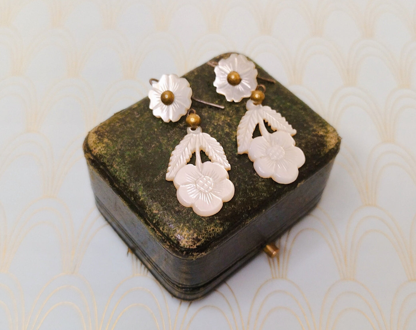 Rare Antique French Mother of Pearl Dangle Drop Earrings, Victorian Forget Me Not Flower Jewellery, Antique Jewelry Box, Dormeuse Earrings