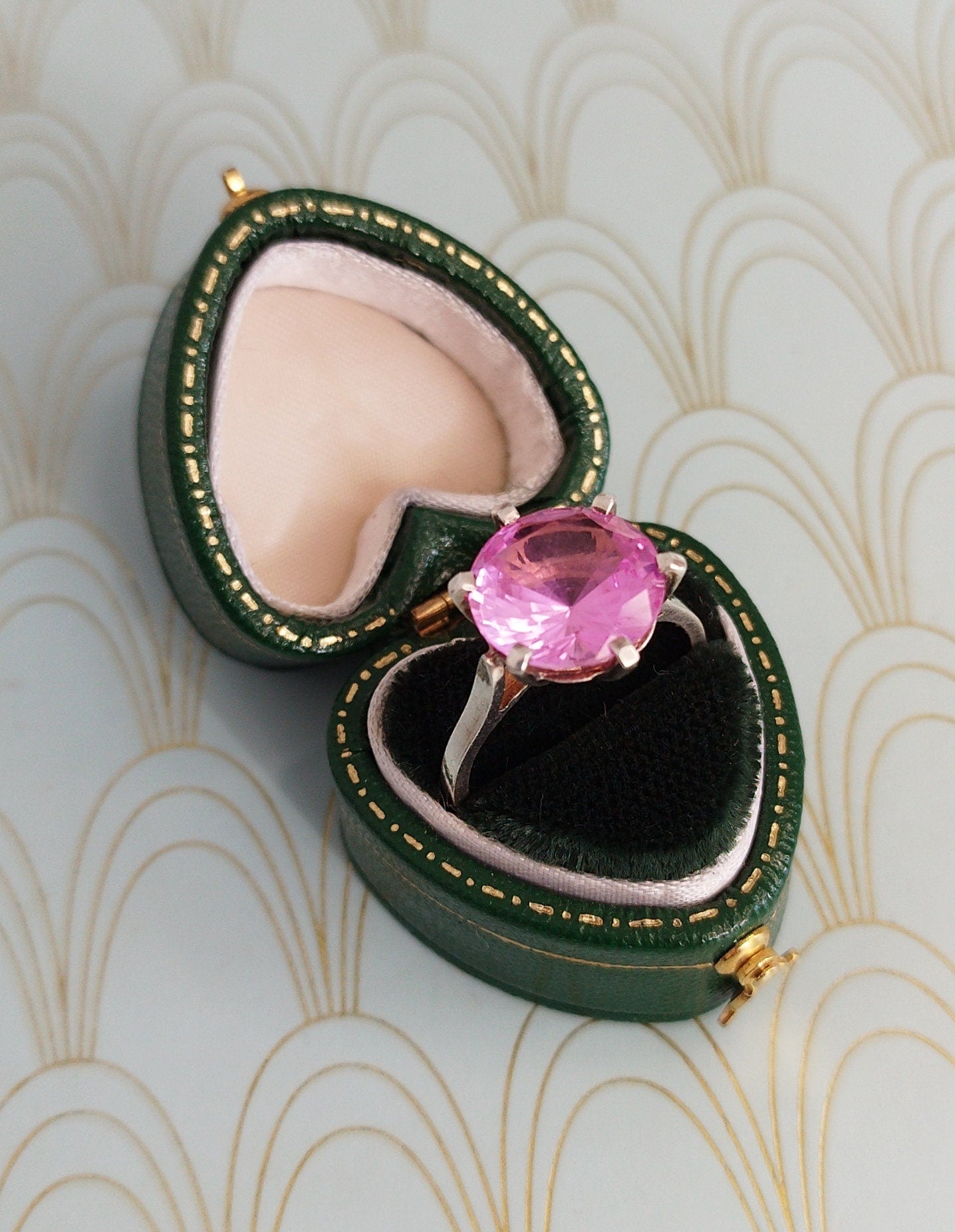 Luxury Vintage French Solitaire Ring, Pink Diamond Engagement Ring, Ruby Cocktail ring, Pink Sapphire Ring, Heart Shaped French Jewelry Box