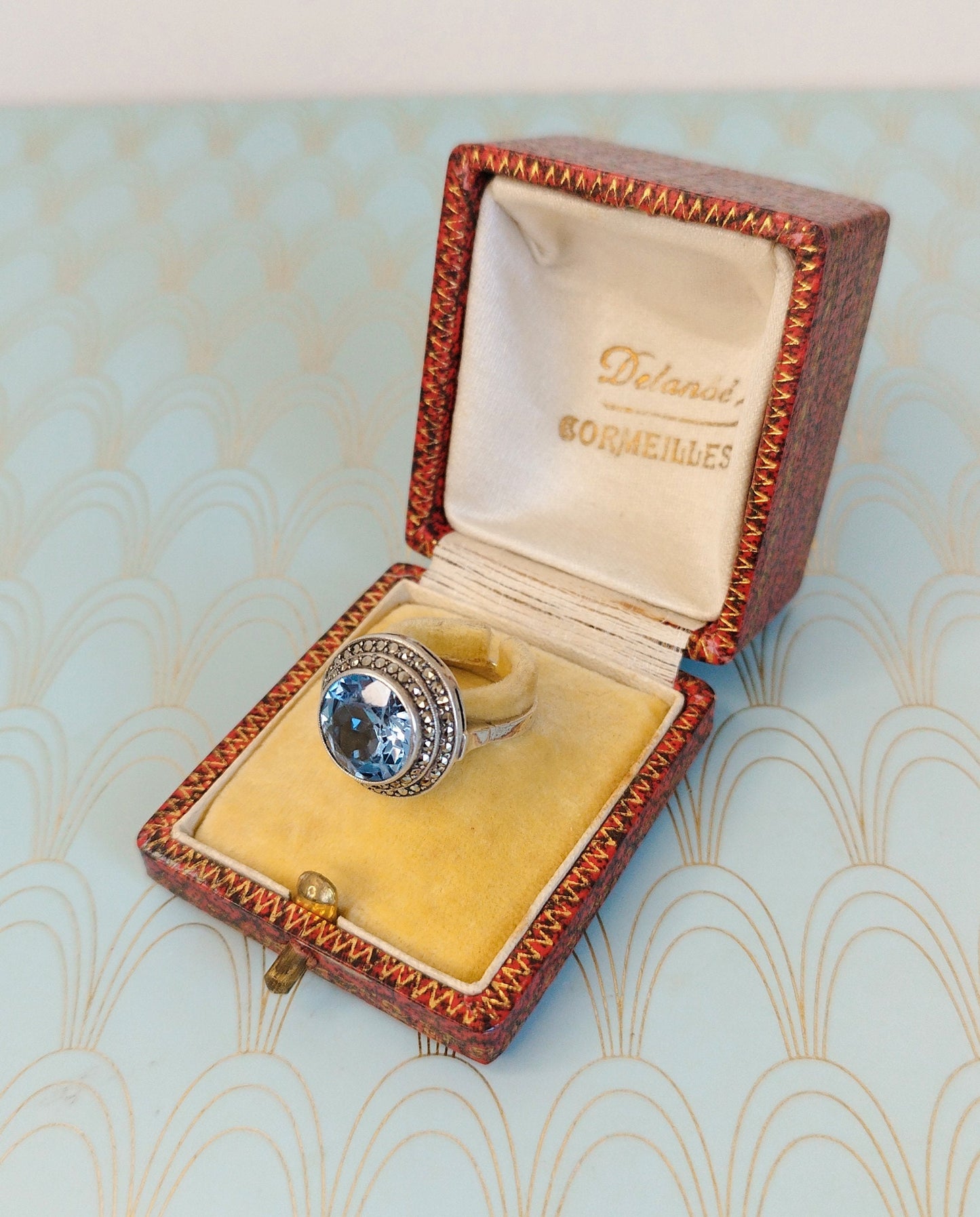 Luxury French Antique Art Deco Ring, Art Deco Aquamarine Engagement Ring, Aquamarine Cocktail ring, Vintage French Jewelry Box, Gift for Her