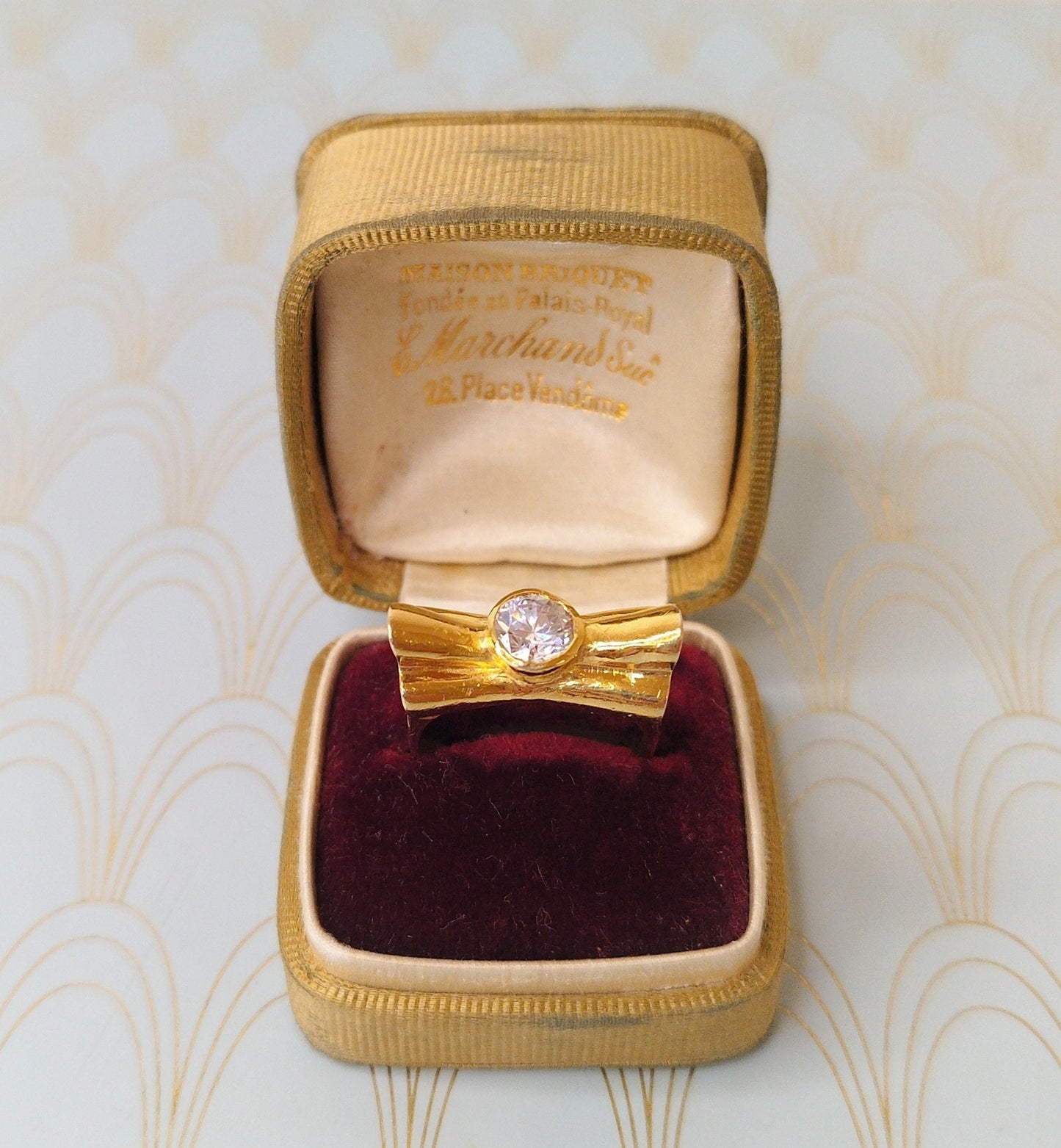Vintage French Gold Ribbon Bow Ring, Gold Art Deco Tank Ring, Engagement Ring, Luxury Cocktail ring, Vintage Jewelry Box, Diamond Solitaire
