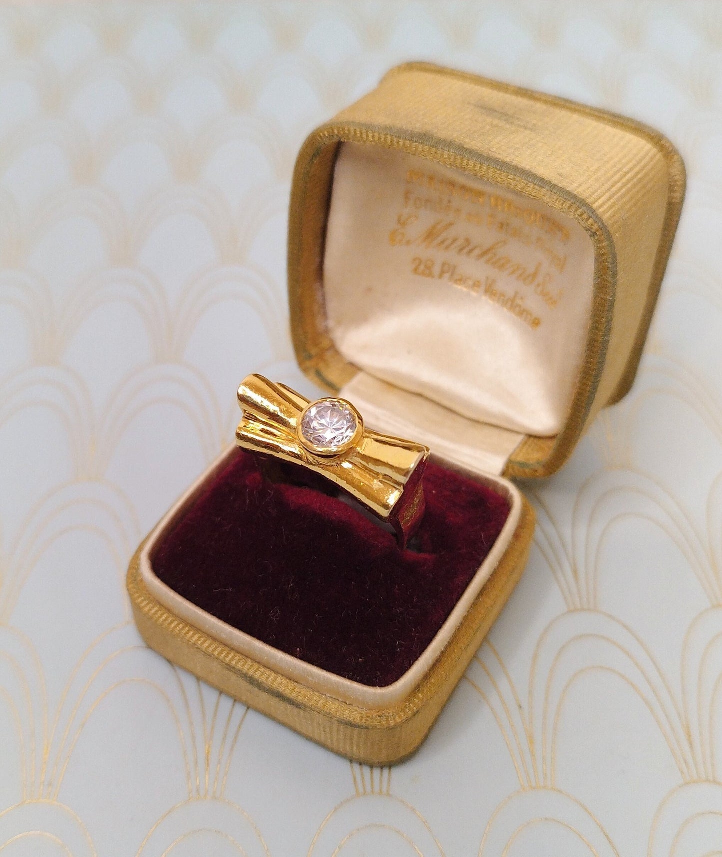 Vintage French Gold Ribbon Bow Ring, Gold Art Deco Tank Ring, Engagement Ring, Luxury Cocktail ring, Vintage Jewelry Box, Diamond Solitaire