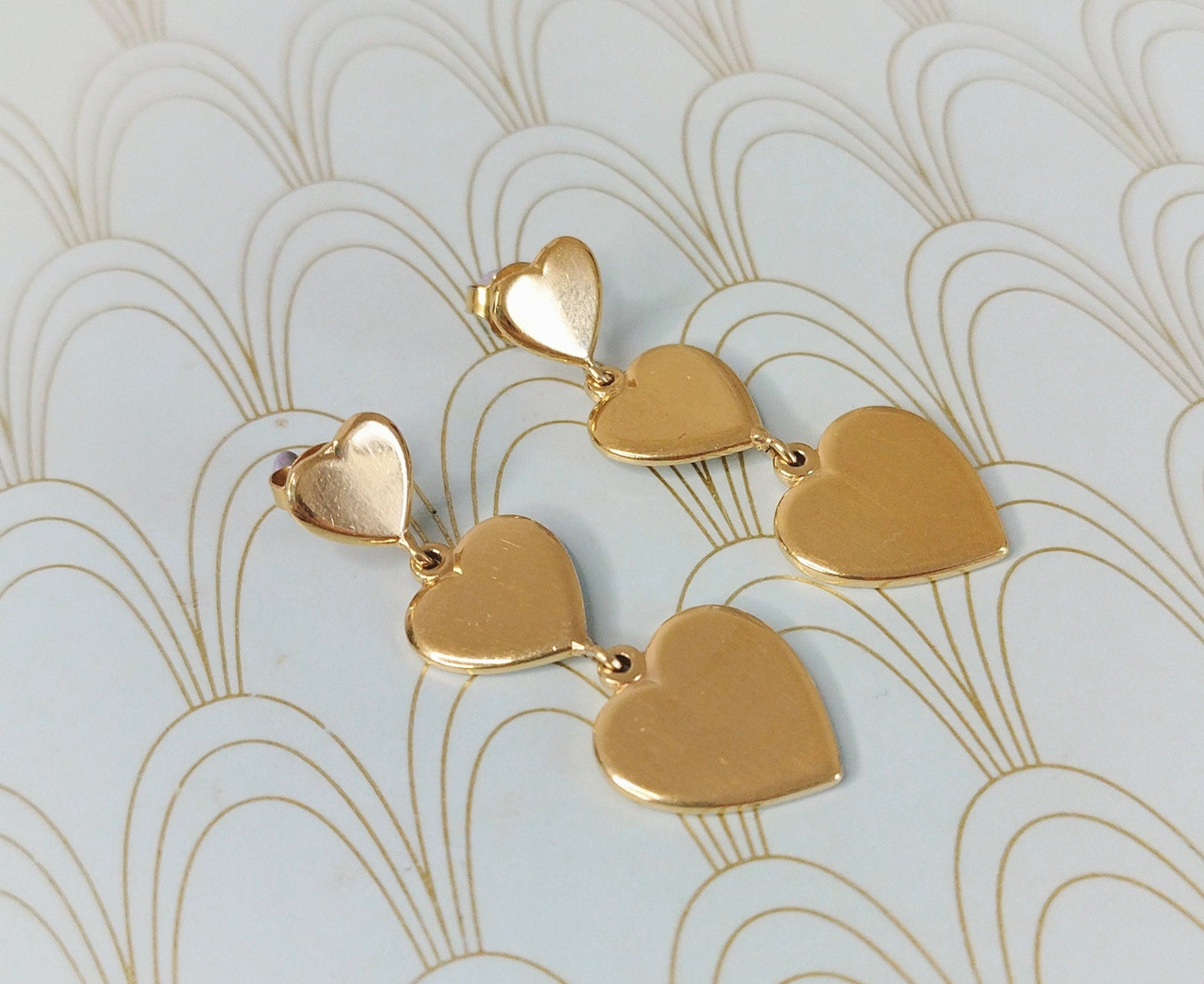 Vintage French Gold Heart Shaped Dangle Drop Earrings, Dormeuse Earrings, Heart Earrings, Romantic Gift for Her, Love Heart Jewelry...