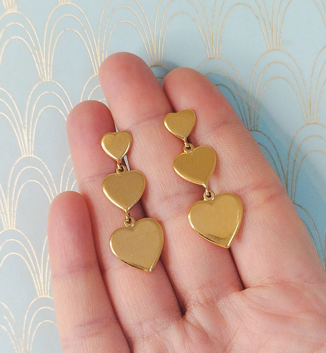 Vintage French Gold Heart Shaped Dangle Drop Earrings, Dormeuse Earrings, Heart Earrings, Romantic Gift for Her, Love Heart Jewelry...