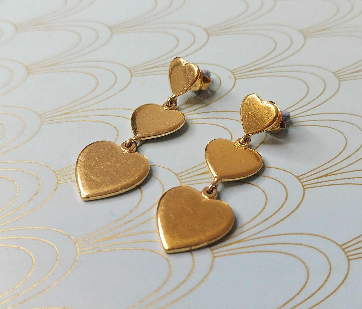 Vintage French Gold Heart Shaped Dangle Drop Earrings, Dormeuse Earrings, Heart Earrings, Romantic Gift for Her, Love Heart Jewelry...