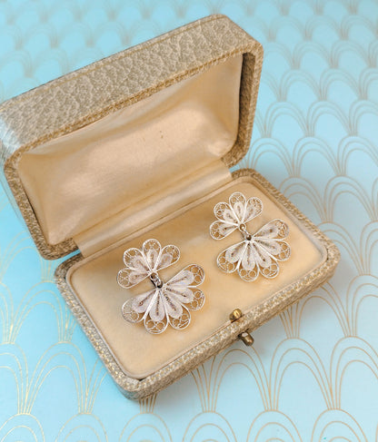 Luxury Vintage French Silver Filigree Earrings, Butterfly Dangle Drop Earrings, Rare French Jewelry, Handmade Floral Earrings, Gift for Her