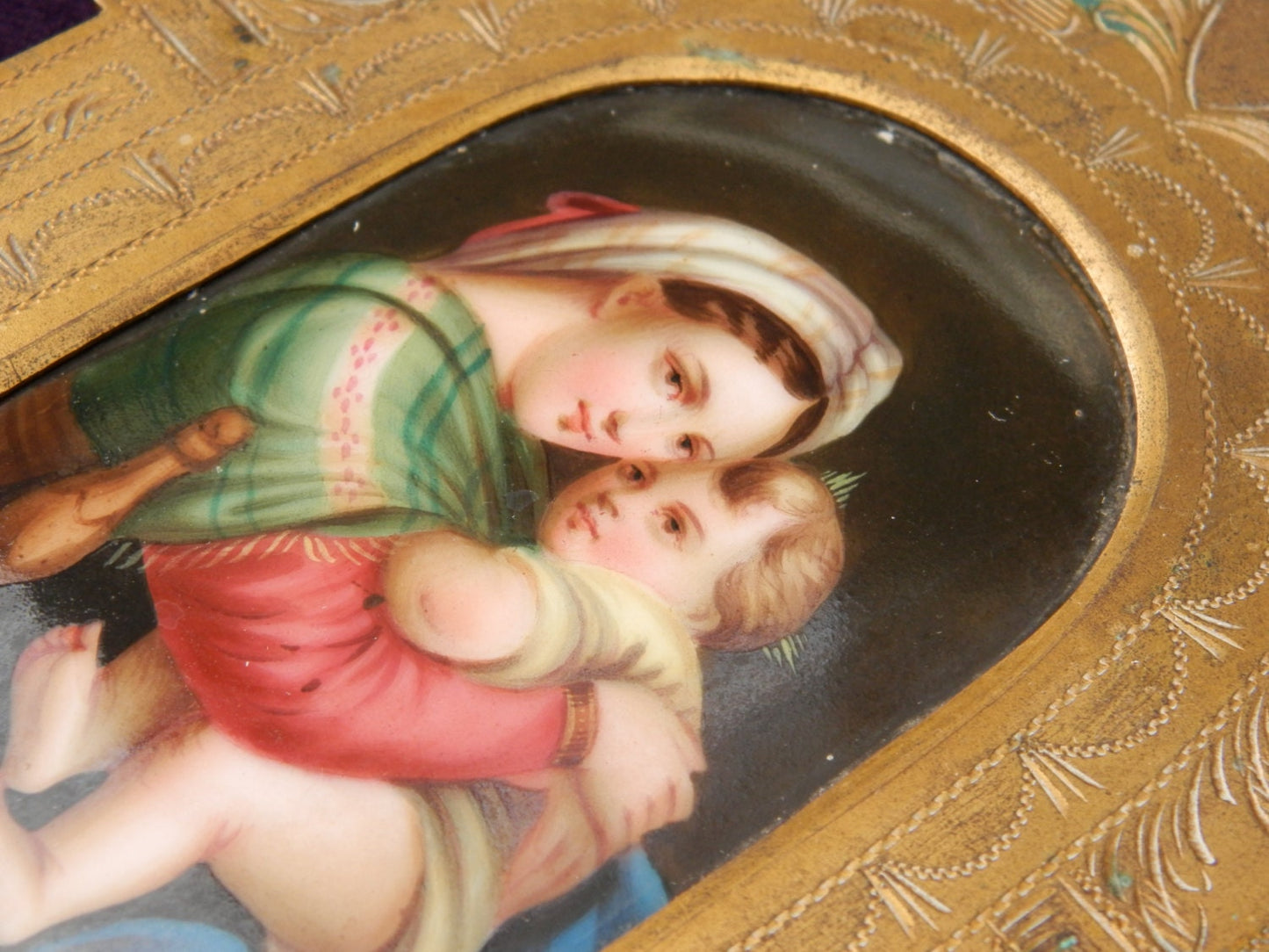 Luxury French Religious Benetier. Hand Painted Miniature Porcelaine Devotion, Mary and Jesus, Rare 1800's Religious Icon. Holy Water Font...