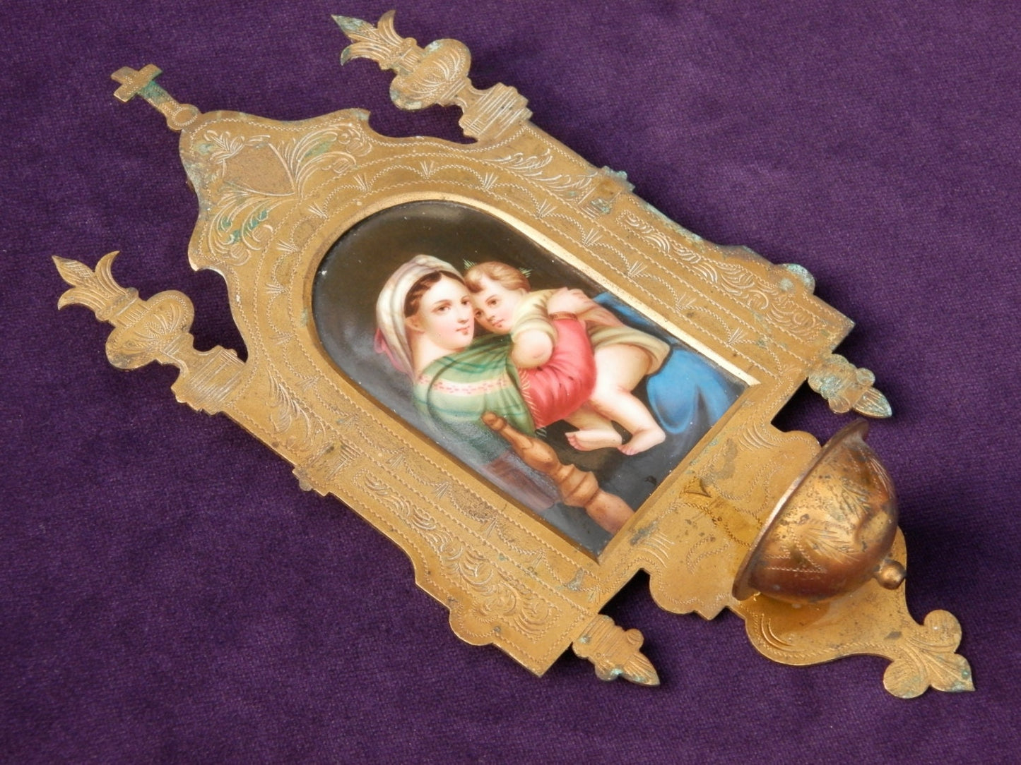 Luxury French Religious Benetier. Hand Painted Miniature Porcelaine Devotion, Mary and Jesus, Rare 1800's Religious Icon. Holy Water Font...