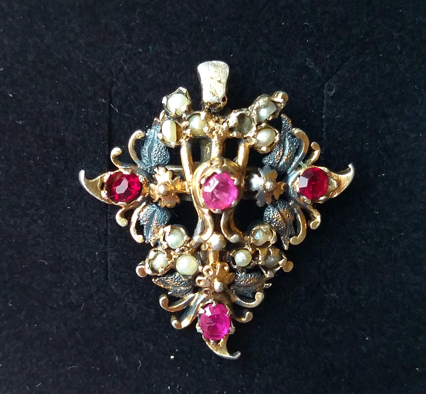 Rare 1800's Antique French Harlequin Ring, Bijoux Regional Jewellery, Luxury Georgian Statement Ring, 9ct Gold Ruby Baroque Seed Pearl Ring