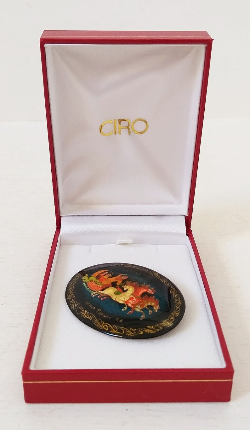 Vintage Ukrainian Brooch, Hand Made Lacquer Pin, Signed Troka, Hand Painted Brooch, Antique Papiermache Jewelry, Jewelry Box, Gift for Her