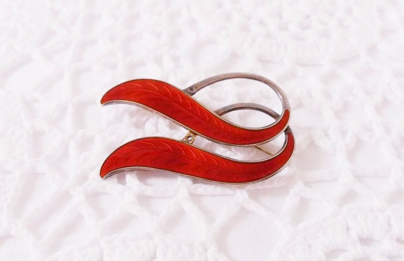Luxury Vintage Red Enamel Sterling Silver Brooch, Norwegian Designer Silver Brooch, Silver Bow Jewellery, French Art Deco Jewelry...
