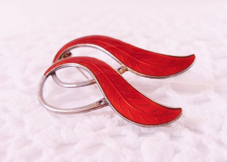 Luxury Vintage Red Enamel Sterling Silver Brooch, Norwegian Designer Silver Brooch, Silver Bow Jewellery, French Art Deco Jewelry...