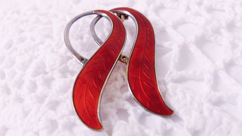 Luxury Vintage Red Enamel Sterling Silver Brooch, Norwegian Designer Silver Brooch, Silver Bow Jewellery, French Art Deco Jewelry...