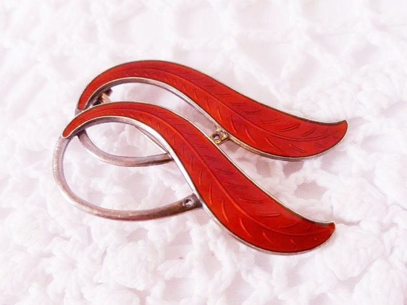 Luxury Vintage Red Enamel Sterling Silver Brooch, Norwegian Designer Silver Brooch, Silver Bow Jewellery, French Art Deco Jewelry...