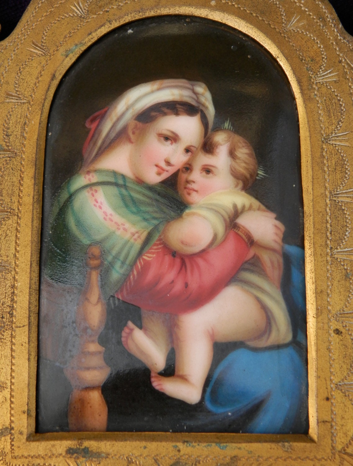Luxury French Religious Benetier. Hand Painted Miniature Porcelaine Devotion, Mary and Jesus, Rare 1800's Religious Icon. Holy Water Font...