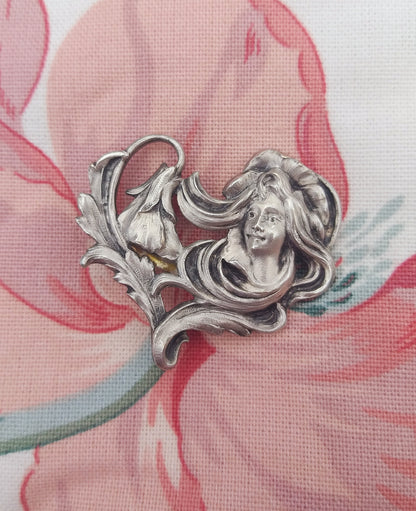 French Art Nouveau Heart Brooch, Antique Silver Pin, Arts and Crafts, Art Nouveau Jewelry, Art Nouveau Sculpture, Jewelry Box, Gift for Her